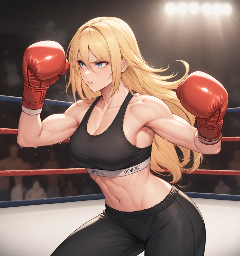 score_9, score_8_up, score_7_up, score_6_up, Detailed Background, BREAK
 Samusaran,1girl, long hair, sports bra,long black pants,boxing stance, sweating,blonde hair, blue eyes, BREAK
Boxing ring, boxing gloves