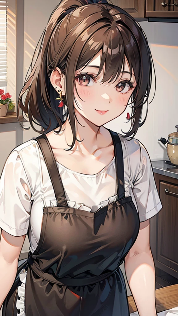 Female 26 years old，housewife，Sunlight，Smile，put on lipstick，light brown short curly hair，Tie a ponytail on the left side，Slightly plump，half moon earrings，Close-up photo of face，Home apron