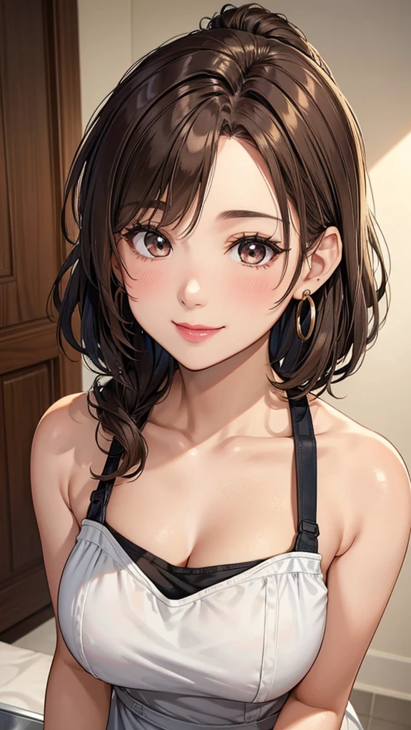 Female 26 years old，housewife，Sunlight，Smile，put on lipstick，light brown short curly hair，Tie a ponytail on the left side，Slightly plump，half moon earrings，Close-up photo of face，Home apron