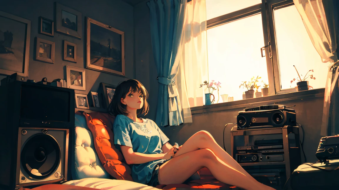 masterpiece, Highest quality, Sitting by the window in my old apartment、Featuring a woman enjoying lofi music playing from a vintage record player. Featuring a casual young woman, Simple oversized clothing, The atmosphere is nostalgic and dramatic..