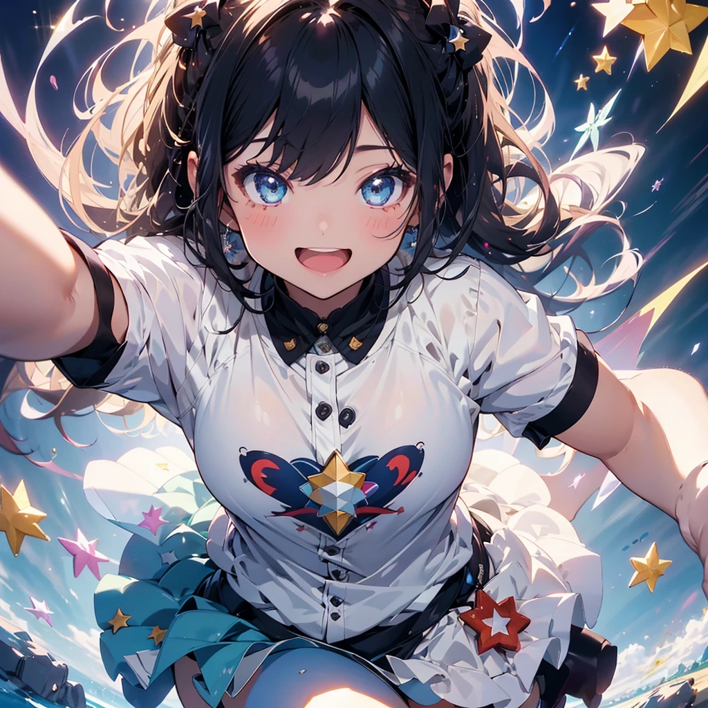 1girl、Star Fairy、(((Highest quality、Masterpiece、Official Art、Super detailed、The best dynamic composition)))、人生最高のsmile、fluffy、Sparkling、はじけるsmile、Capture the moment of jumping for joy、happiness、happiness、joy、smile、Laughing with mouth open、