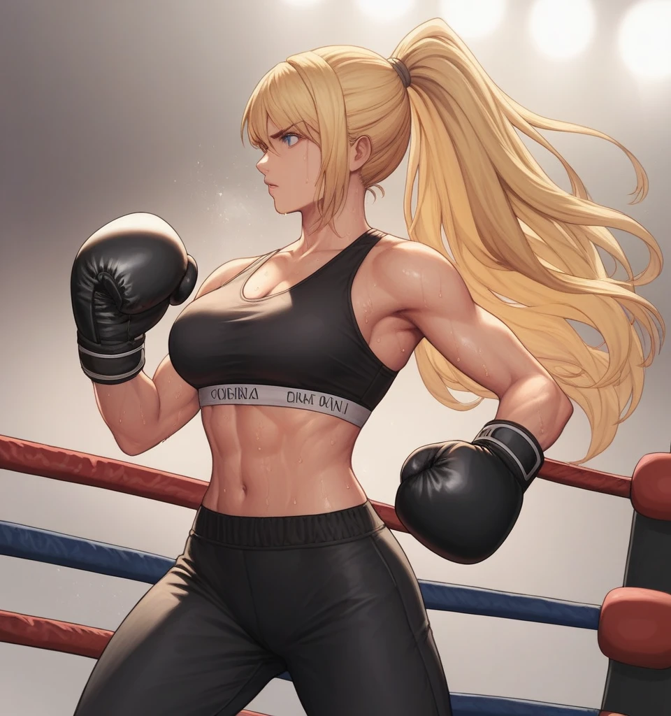 score_9, score_8_up, score_7_up, score_6_up, Detailed Background, BREAK
 Samusaran,1girl, long hair, sports bra,long black pants,boxing stance, sweating,blonde hair, blue eyes, BREAK
Boxing ring, boxing gloves