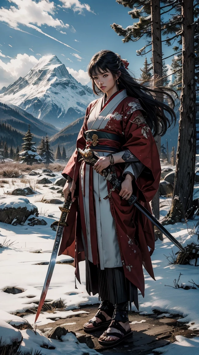 （Female Swordsman、Grab your sword、Food for me、Japanese sword）（Masterpiece 1.4, Best quality 1.4）,One Girl,  Detailed skin、Fine and beautiful face 1.4、bow, Long Hair, Black-haired , Hair blowing in the wind、White and red clothes、 Blood-stained kimono、Sandals、Official Art, Good composition, Official pose, Detailed portrait,Clouds and mountains background, warrior, High resolution, Dramatic lighting and shadows, Snow Scene、In the woods