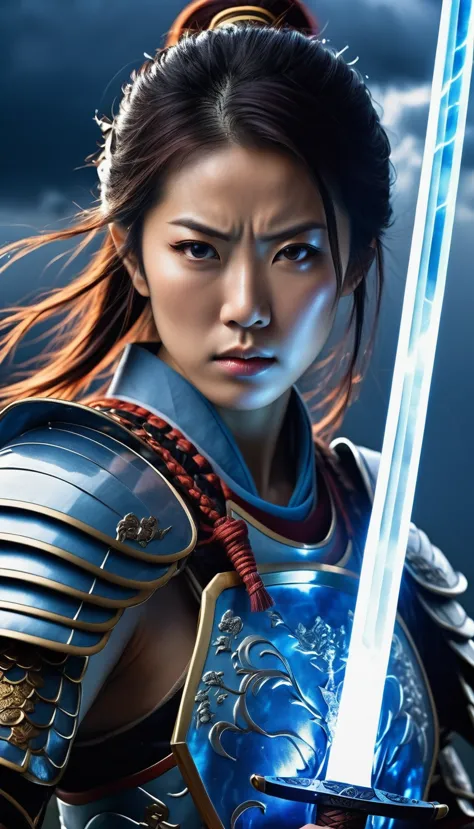 A strong female warrior with Japanese characteristics，Wearing traditional Japanese armor，The armor glows blue，Similar to thunder...