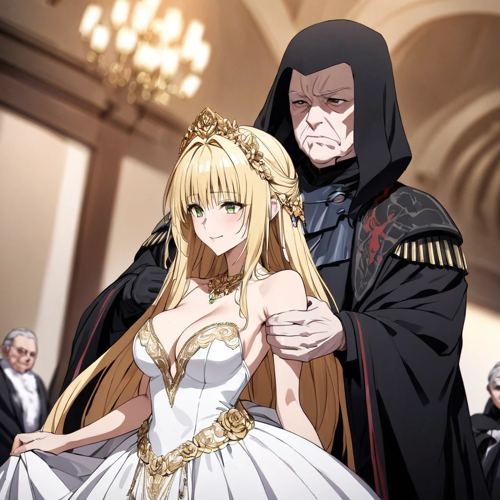 ((Highest quality)), ((masterpiece)), (detailed), （Perfect Face）、The woman is a tiare with green eyes, medium-long blonde hair, and is wearing a gorgeous wedding dress with gorgeous gold embroidery and trim, a wedding veil, and an engagement ring.、The woman is in a wedding ceremony with Emperor Palpatine、The woman is standing close to the Emperor, and the dignified old Emperor Palpatine is holding the woman close to him as they hold their wedding ceremony.、The man is Darth Sidious, Emperor Palpatine, Dark Lord of the Sith, a wrinkled, dignified, ugly old man wearing a black hooded robe.