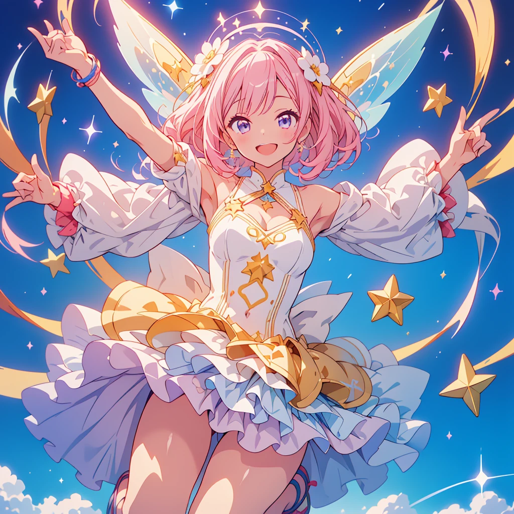 1girl、Star Fairy、(((Highest quality、Masterpiece、Official Art、Super detailed、The best dynamic composition)))、人生最高のsmile、fluffy、Sparkling、はじけるsmile、Capture the moment of jumping for joy、happiness、happiness、joy、smile、Laughing with mouth open、