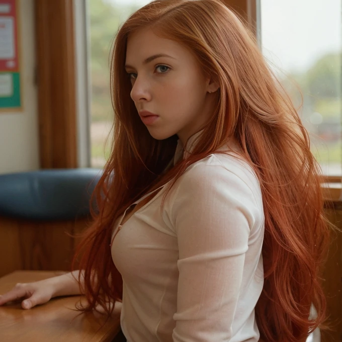 sitting at a table with red hair, sexy photo of a woman, very young sexy student 16 years old, with bright red tousled hair, a bit like Scarlett Johansson, juicy figure, big breasts, wonderful big eyes and full lips, at school , In the classroom context,  Attire, She is angry, annoyed, sits at the table