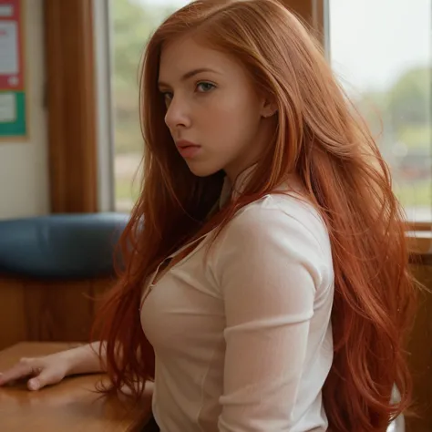 sitting at a table with red hair, sexy photo of a woman, very young sexy student 16 years old, with bright red tousled hair, a b...
