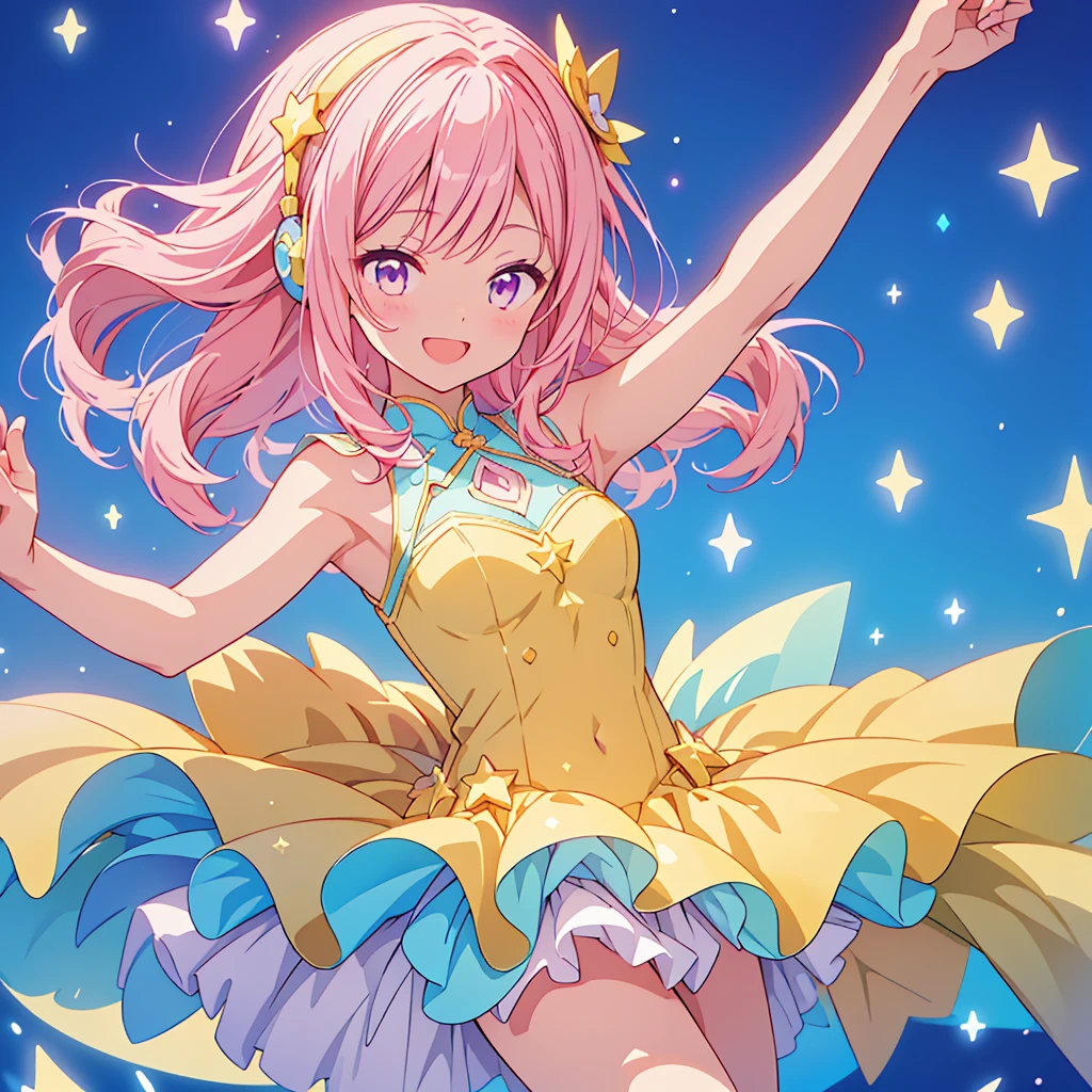 1girl、Star Fairy、(((Highest quality、Masterpiece、Official Art、Super detailed、The best dynamic composition)))、人生最高のsmile、fluffy、Sparkling、はじけるsmile、Capture the moment of jumping for joy、happiness、happiness、joy、smile、Laughing with mouth open、headphone、