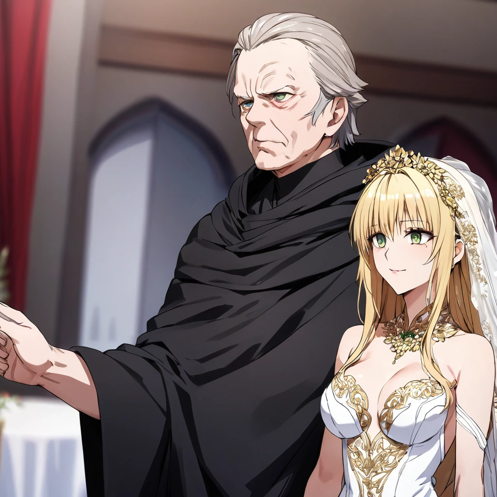 ((Highest quality)), ((masterpiece)), (detailed), （Perfect Face）、The woman is a tiare with green eyes, medium-long blonde hair, and is wearing a gorgeous wedding dress with gorgeous gold embroidery and trim, a wedding veil, and an engagement ring.、The woman is in a wedding ceremony with Emperor Palpatine、The woman is standing close to the Emperor, and the dignified old Emperor Palpatine is holding the woman close to him as they hold their wedding ceremony.、The man is Darth Sidious, Emperor Palpatine, Dark Lord of the Sith, a wrinkled, dignified, ugly old man wearing a black hooded robe.