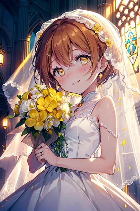 rin hoshizora (yellow eyes:1.5), hair between the eyes, brown hair,short hair,blush,happy smile, smile, open your mouth,wedding ...