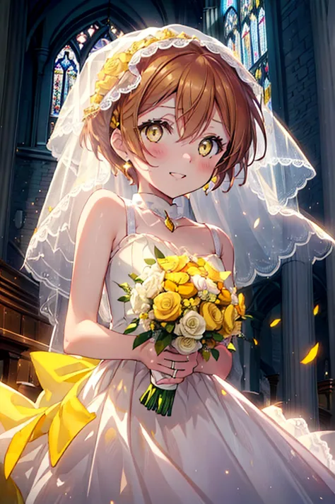 rin hoshizora (yellow eyes:1.5), hair between the eyes, brown hair,short hair,blush,happy smile, smile, open your mouth,wedding ...