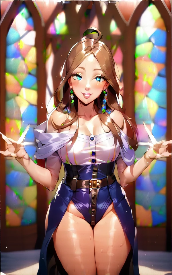 (masterpiece、Highest quality:1.2, Very detailed, up to date, Vibrant, Ultra-high resolution, High Contrast, Best aesthetics), (Small face), (Very detailedな肌:1.2), One Woman, (Brown Hair, Long Hair, Ahoge, Reddish brown eyes), (Slim figure:1.4, Woman with slim body and large breasts、Long boobs), Beautiful Eyes, Glossy Lips, Glowing Skin, Beautiful thighs, ((smile)), ((Random Pause:1.4)), (Off the shoulder, Elegant Dresses, Corset belt, Jewelry Products, Beautiful buttons, Long skirt with high waist, Dress designs that accentuate the bust), (Sexy Body), Perfect Fingers, Five Fingers, (church, Stained glass, Beautiful light), Background Blur,((Upper Body Shot))、Super short skirt、panties、