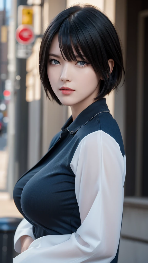 (Highest quality:1.5, High resolution, 超High resolution, 4K, Fine grain, Detailed lighting, Detailed Hair, Shaders), Black Hair, Bobcut, Hair covering one eye, Cool woman, Cool girl, Sharp eyes, blue eyes, beautiful, Large Breasts, Casual clothing, (throw, Close-up shot)