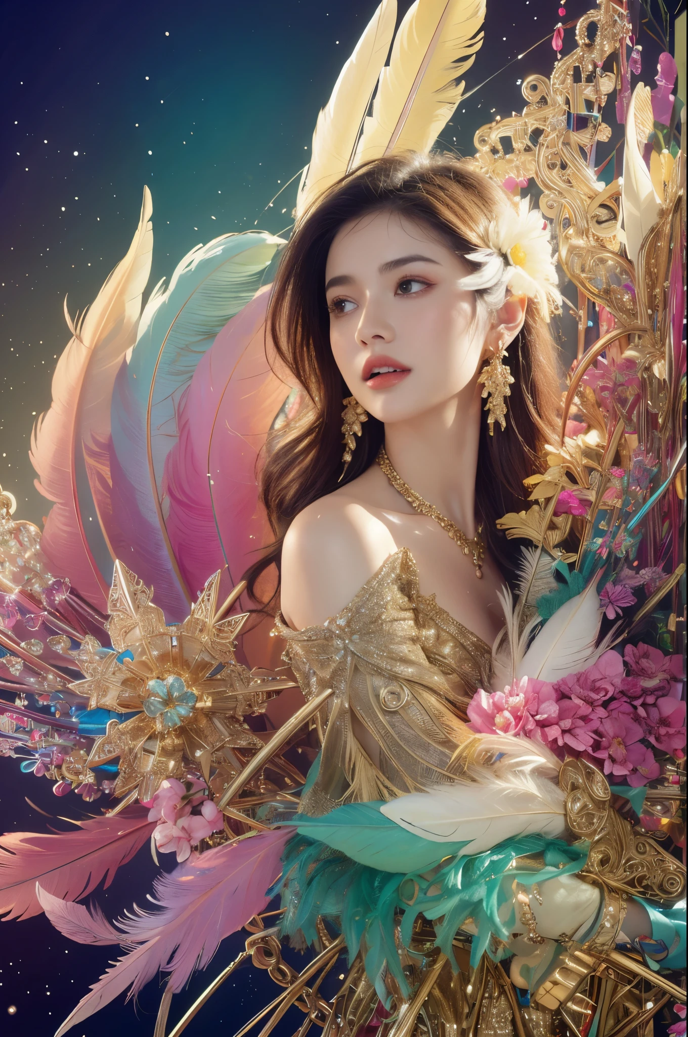 A girl with small breasts, bare shoulders, golden hair, colored feathers, metal ornaments, colored flowers, particles, light rays, (masterpiece, top quality, best quality, official art, beautiful and aesthetic:1.2), (1girl:1.3), extremely detailed,(fractal art:1.1),(colorful:1.1)(flowers:1.3),highest detailed,(zentangle:1.2), (dynamic pose), (abstract background:1.3), (shiny skin), (many colors :1.4), ,(earrings:1.4), (feathers:1.4)