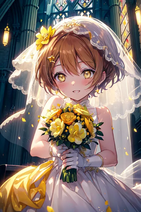 rin hoshizora (yellow eyes:1.5), hair between the eyes, brown hair,short hair,blush,happy smile, smile, open your mouth,wedding ...