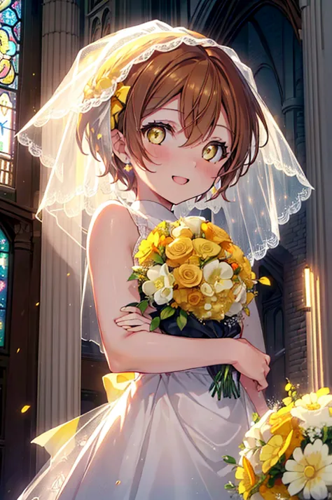 rin hoshizora (yellow eyes:1.5), hair between the eyes, brown hair,short hair,blush,happy smile, smile, open your mouth,wedding ...