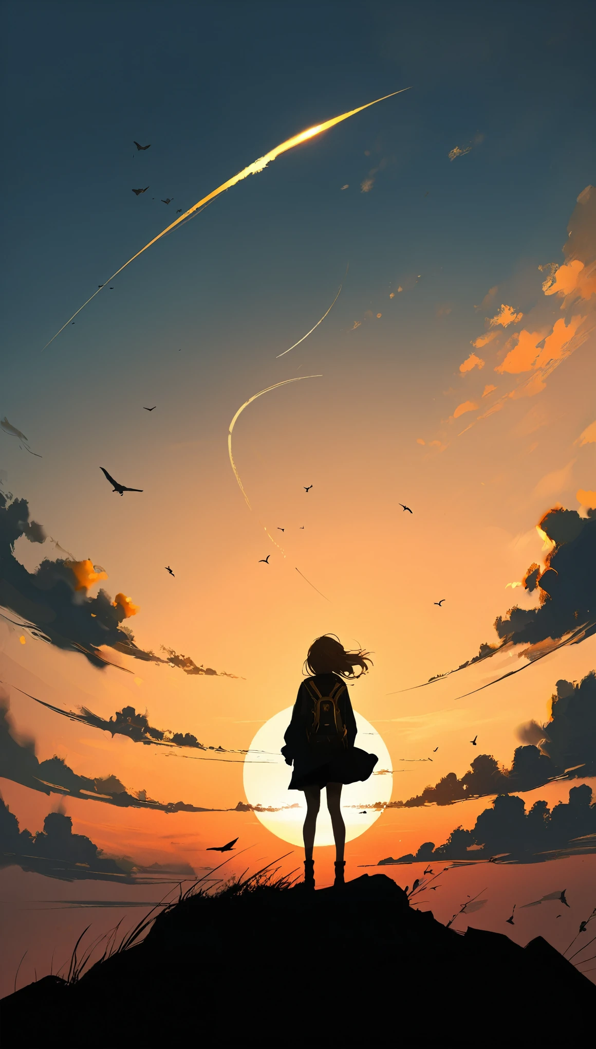 in style of Benedick Bana,1girl，worm's eye view，student，Sky，Sunset，gold，Long shot,