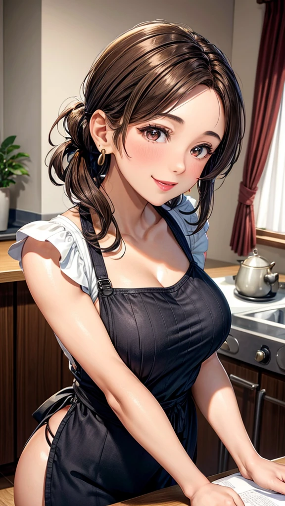 Female 26 years old，housewife，Sunlight，Smile，put on lipstick，light brown short curly hair，Tie a ponytail on the left side，Slightly plump，half moon earrings，Close-up photo of face，Home apron，There is a grain in the corner of the eye。