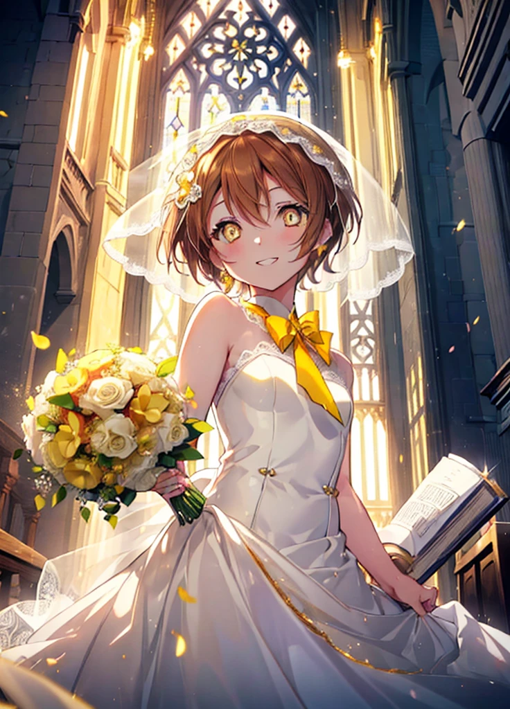 Rin Hoshizora (Yellow Eyes:1.5), Hair between the eyes, Brown Hair,short hair,blush,happy smile, smile, Open your mouth,Wedding dress,Veil,bouquet,　　　　　　　　　　　　break looking at viewer, whole body,(Cowboy Shot:1. 5) 　　　　　　　　　　　　　　　　　　　break indoors, Chapel,church, 　　　　　　　　　　　break (masterpiece:1.2), Highest quality, High resolution, unity 8k wallpaper, (shape:0.8), (Beautiful attention to detail:1.6), Highly detailed face, Perfect lighting, Extremely detailed CG, (Perfect hands, Perfect Anatomy),