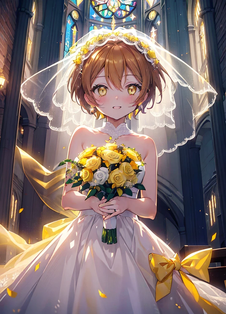 Rin Hoshizora (Yellow Eyes:1.5), Hair between the eyes, Brown Hair,short hair,blush,happy smile, smile, Open your mouth,Wedding dress,Veil,bouquet,　　　　　　　　　　　　break looking at viewer, whole body,(Cowboy Shot:1. 5) 　　　　　　　　　　　　　　　　　　　break indoors, Chapel,church, 　　　　　　　　　　　break (masterpiece:1.2), Highest quality, High resolution, unity 8k wallpaper, (shape:0.8), (Beautiful attention to detail:1.6), Highly detailed face, Perfect lighting, Extremely detailed CG, (Perfect hands, Perfect Anatomy),