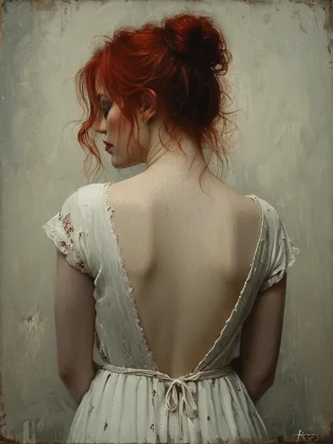  painting of a woman in a white dress with a red hair, monia merlo, inspired by Roberto Ferri, mary jane ansell, flora borsi, in...