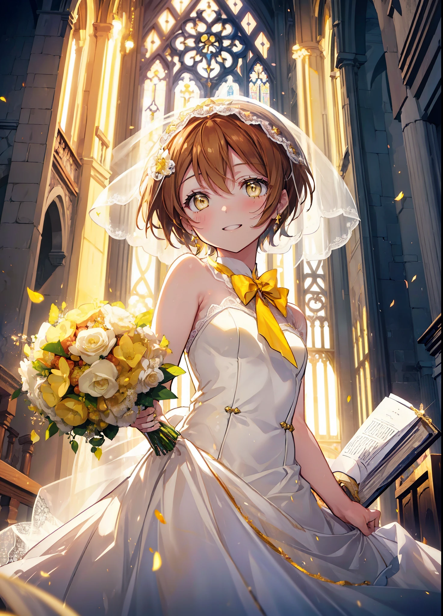 Rin Hoshizora (Yellow Eyes:1.5), Hair between the eyes, Brown Hair,short hair,blush,happy smile, smile, Open your mouth,Wedding dress,Veil,bouquet,　　　　　　　　　　　　break looking at viewer, whole body,(Cowboy Shot:1. 5) 　　　　　　　　　　　　　　　　　　　break indoors, Chapel,church, 　　　　　　　　　　　break (masterpiece:1.2), Highest quality, High resolution, unity 8k wallpaper, (shape:0.8), (Beautiful attention to detail:1.6), Highly detailed face, Perfect lighting, Extremely detailed CG, (Perfect hands, Perfect Anatomy),