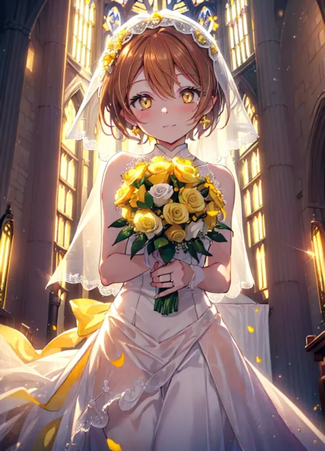 rin hoshizora (yellow eyes:1.5), hair between the eyes, brown hair,short hair,blush,happy smile, smile, open your mouth,wedding ...