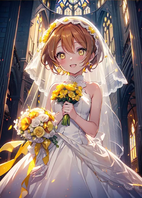 rin hoshizora (yellow eyes:1.5), hair between the eyes, brown hair,short hair,blush,happy smile, smile, open your mouth,wedding ...