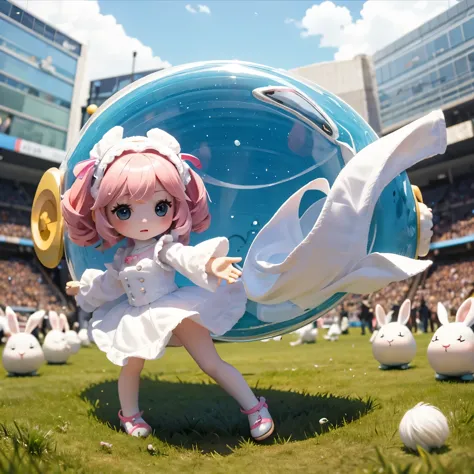 Fisheye Lens、Chibi Girl Doll（Dance with rabbits、She spun gracefully、The dress swirls like a whirlwind）、The background is a grass...