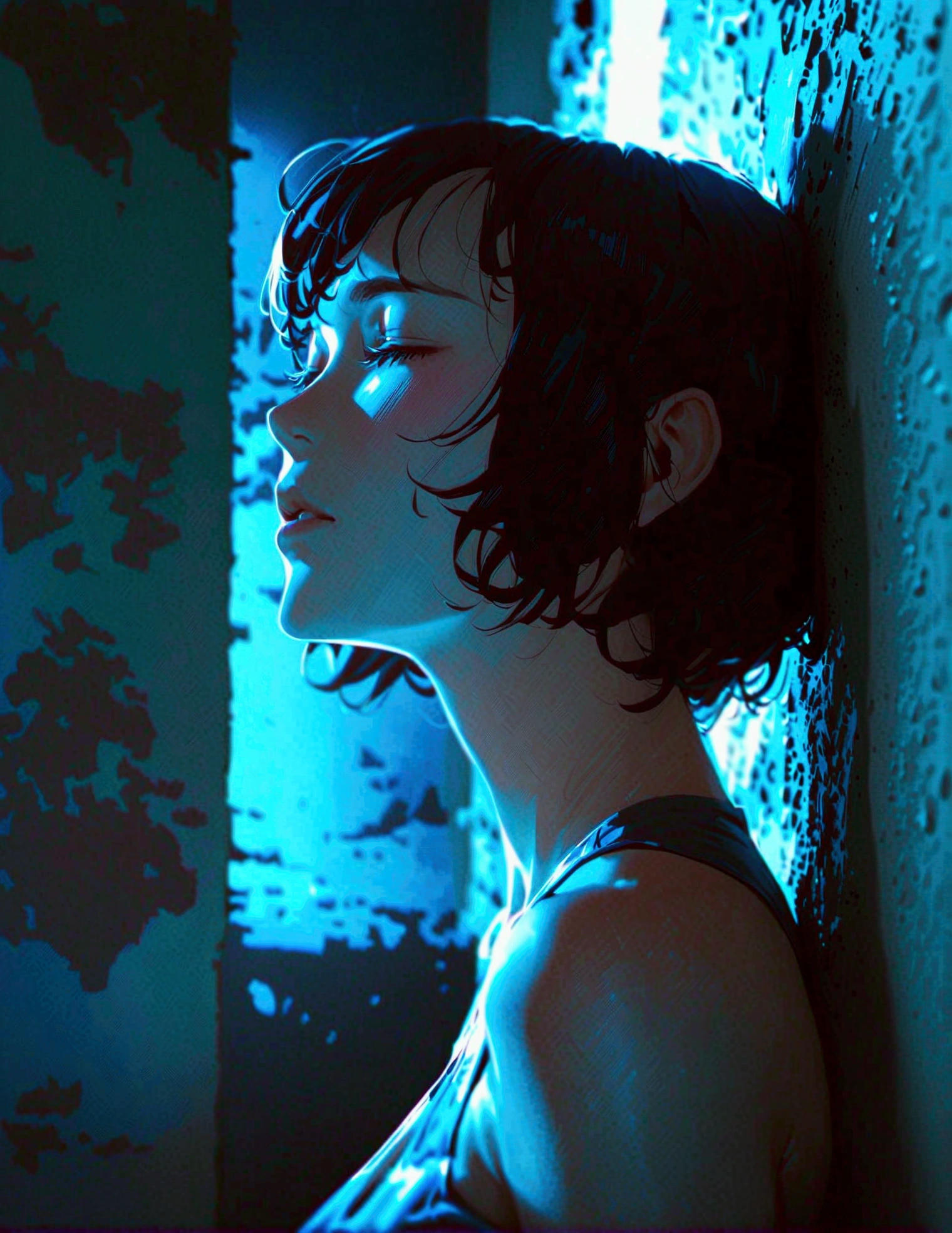 Create an intense and evocative portrait in the style of retro Japanese anime from the 80s and 90s. The scene shows a woman bathed in a deep blue light, leaning against a wall with her arms raised and eyes closed in a moment of sad hangover. Her outfit is minimalist, accentuating the curves of her body and the dramatic shadows cast by the lighting. The background is austere, with strong contrasts that highlight the contours of its shape. The blue and black palette intensifies the atmosphere, evoking a sense of mystery and allure. 