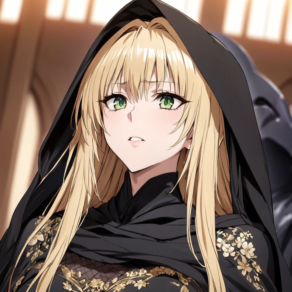 ((Highest quality)), ((masterpiece)), (detailed), （Perfect Face）、The woman is a thief with green eyes and medium-long blonde hair. She is wearing a gorgeous black wedding dress with gorgeous gold embroidery and trim, a black wedding veil, and an engagement ring.、The woman is in a wedding ceremony with Emperor Palpatine、The woman is standing close to the Emperor, and the dignified old Emperor Palpatine is holding the woman close to him as they hold their wedding ceremony.、The man is Darth Sidious, Emperor Palpatine, Dark Lord of the Sith, a wrinkled, dignified, ugly old man wearing a black hooded robe.