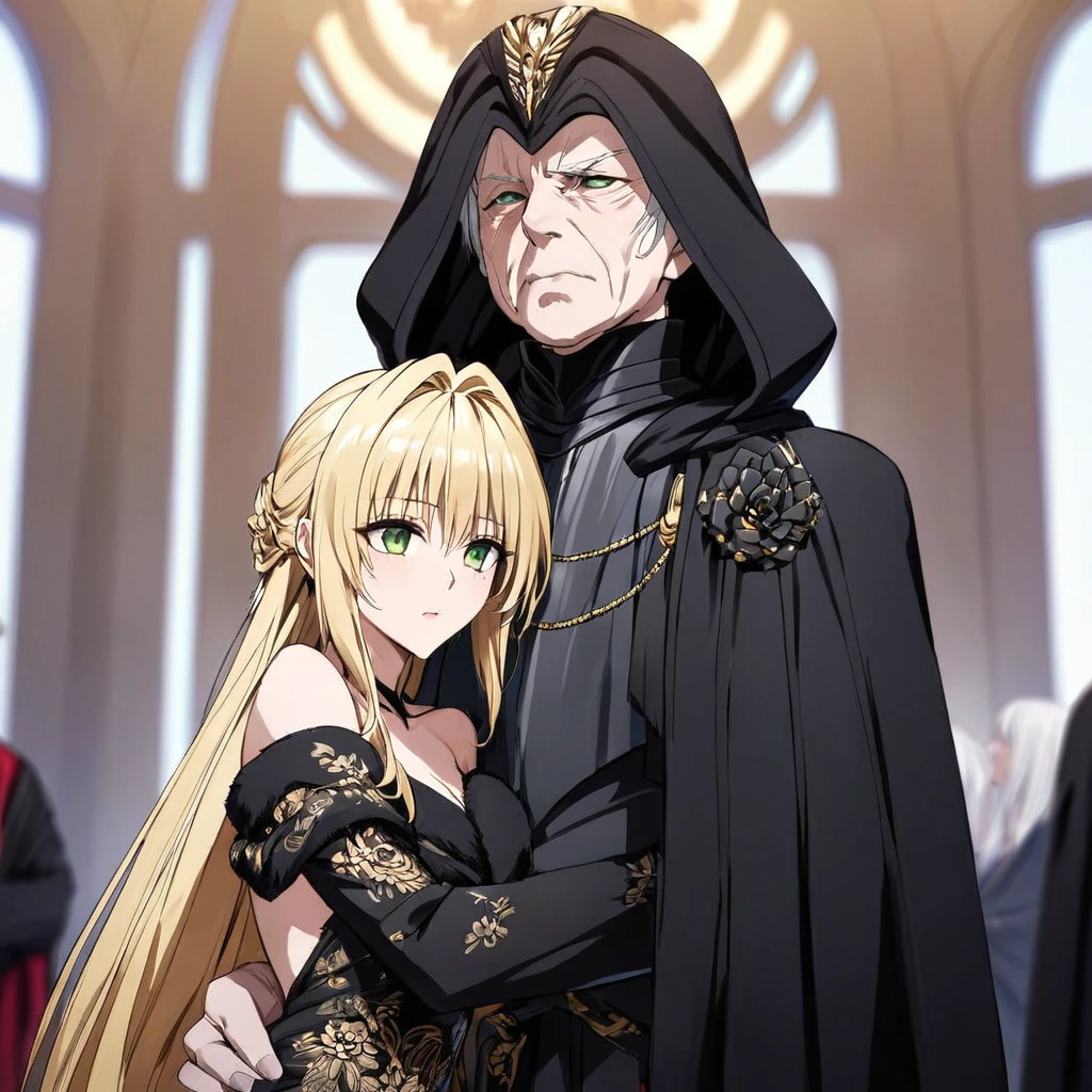 ((Highest quality)), ((masterpiece)), (detailed), （Perfect Face）、The woman is a thief with green eyes and medium-long blonde hair. She is wearing a gorgeous black wedding dress with gorgeous gold embroidery and trim, a black wedding veil, and an engagement ring.、The woman is in a wedding ceremony with Emperor Palpatine、The woman is standing close to the Emperor, and the dignified old Emperor Palpatine is holding the woman close to him as they hold their wedding ceremony.、The man is Darth Sidious, Emperor Palpatine, Dark Lord of the Sith, a wrinkled, dignified, ugly old man wearing a black hooded robe.