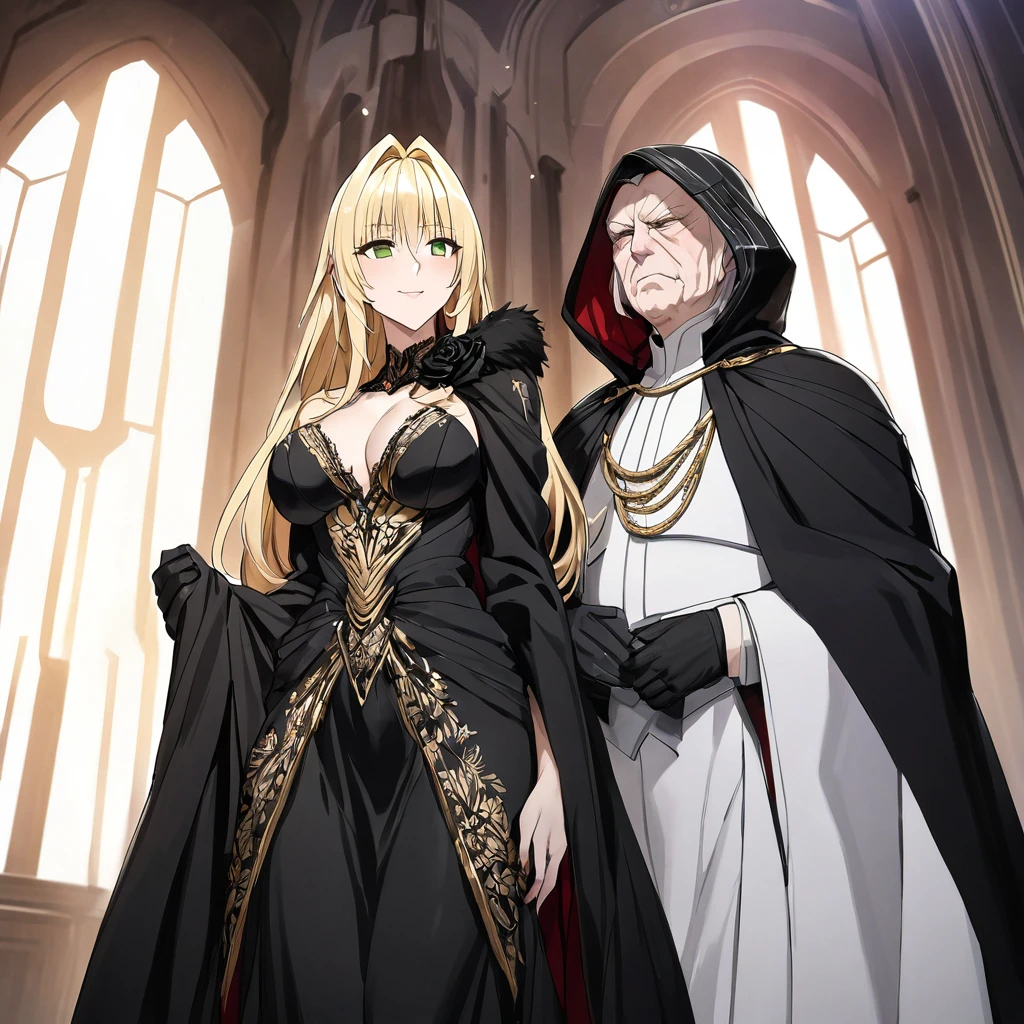 ((Highest quality)), ((masterpiece)), (detailed), （Perfect Face）、The woman is a thief with green eyes and medium-long blonde hair. She is wearing a gorgeous black wedding dress with gorgeous gold embroidery and trim, a black wedding veil, and an engagement ring.、The woman is married to Emperor Palpatine in a lavish space empire church.、The woman is standing close to the Emperor, and the dignified old Emperor Palpatine is holding the woman close to him as they hold their wedding ceremony.、The man is Darth Sidious, Emperor Palpatine, Dark Lord of the Sith, a wrinkled, dignified, ugly old man wearing a black hooded robe.