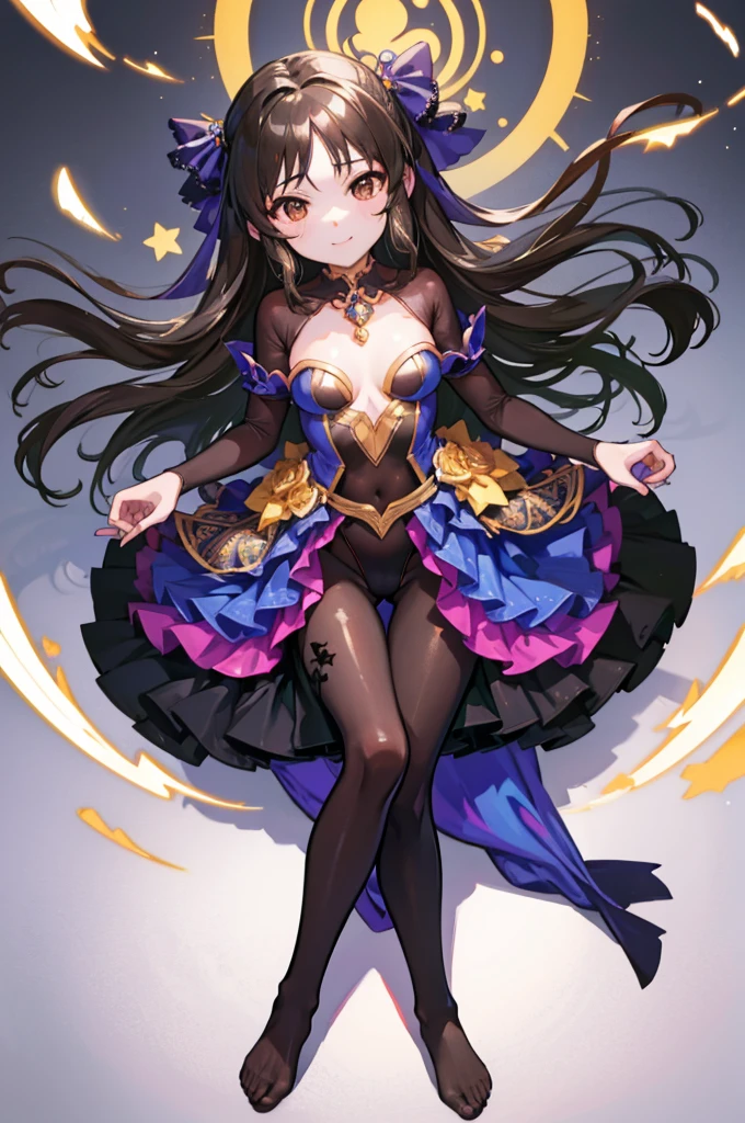 Highest quality　Highest quality　Draw a face carefully　High-definition anime-style face　Super Glowing Skin　Long black hair　Brown leotard　Golden pantyhose　Succubus　lure　smile　Show the soles of your feet　Close up of the soles of the feet