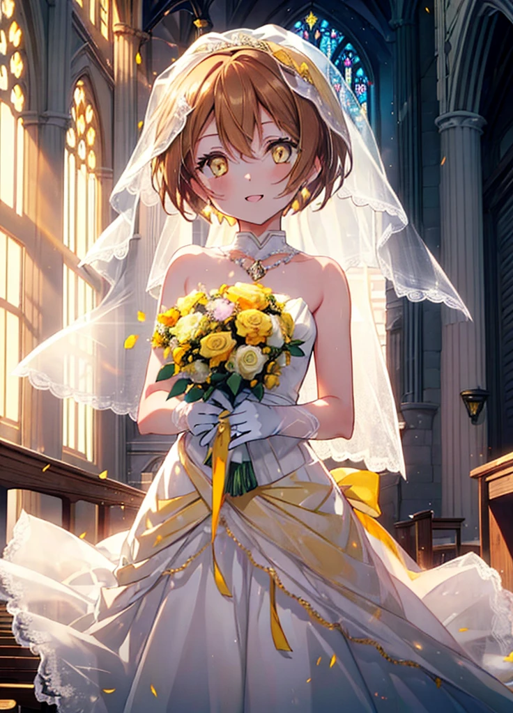 Rin Hoshizora (Yellow Eyes:1.5), Hair between the eyes, Brown Hair,short hair,blush,happy smile, smile, Open your mouth,Wedding dress,Veil,bouquet,　　　　　　　　　　　　break looking at viewer, whole body,(Cowboy Shot:1. 5) 　　　　　　　　　　　　　　　　　　　break indoors, Chapel,church, 　　　　　　　　　　　break (masterpiece:1.2), Highest quality, High resolution, unity 8k wallpaper, (shape:0.8), (Beautiful attention to detail:1.6), Highly detailed face, Perfect lighting, Extremely detailed CG, (Perfect hands, Perfect Anatomy),