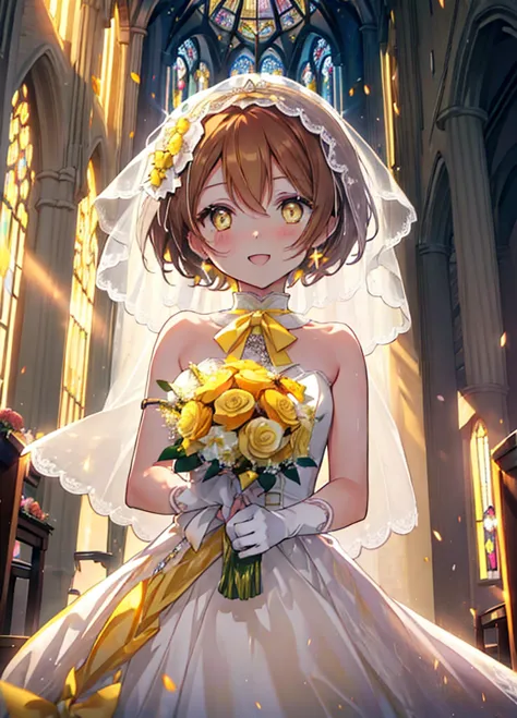 rin hoshizora (yellow eyes:1.5), hair between the eyes, brown hair,short hair,blush,happy smile, smile, open your mouth,wedding ...