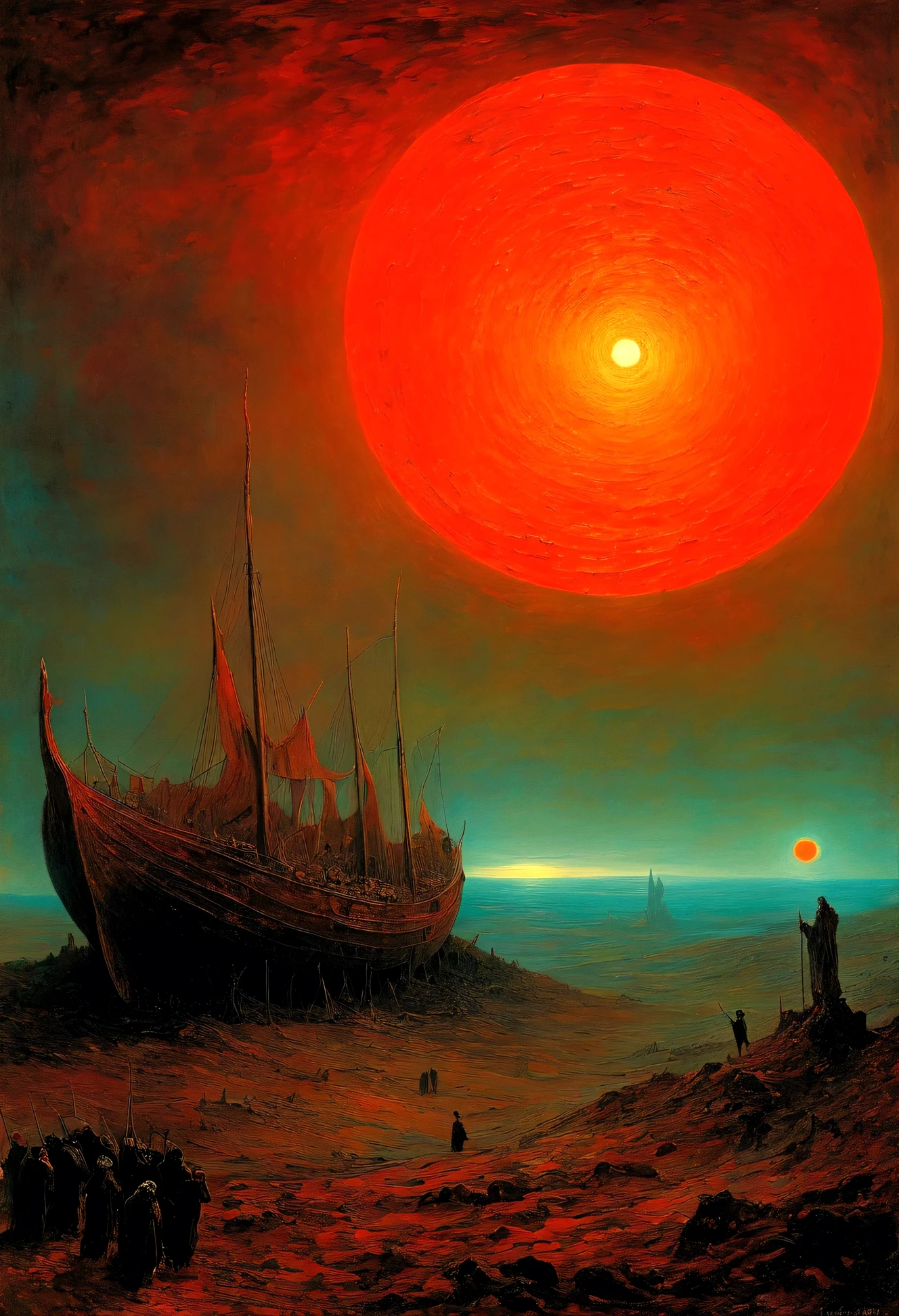 Mythical creatures, author：Zdzislaw Beksiński and Vincent van Gogh, Red moon and big eyeucha