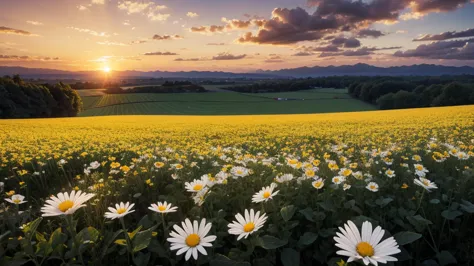 masterpiece , best quality ,sunset, field , white flower , big flower,realistic,