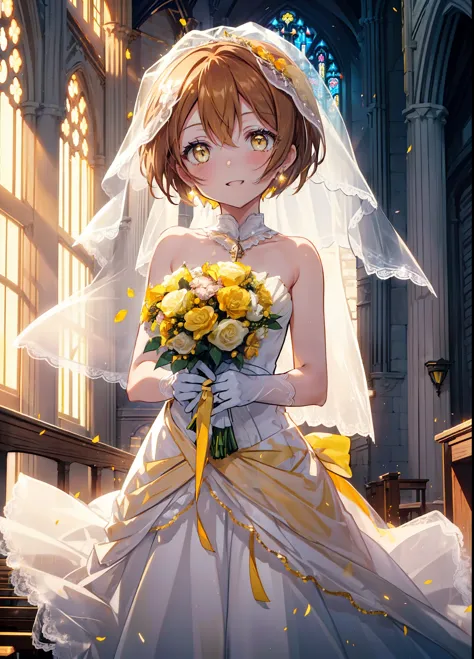 rin hoshizora (yellow eyes:1.5), hair between the eyes, brown hair,short hair,blush,happy smile, smile, open your mouth,wedding ...