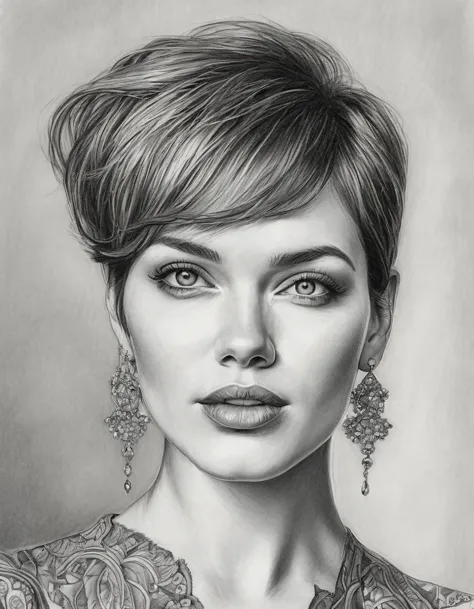 a drawing of a woman with short hair and earrings, detailed beauty portrait, detailed beautiful portrait, realistic pencil drawi...