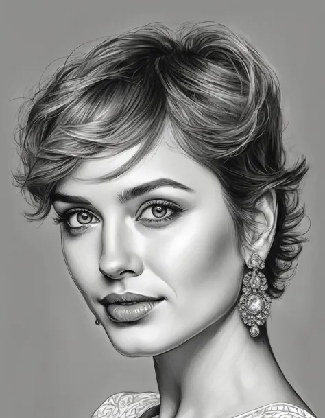 a drawing of a woman with short hair and earrings, detailed beauty portrait, detailed beautiful portrait, realistic pencil drawi...