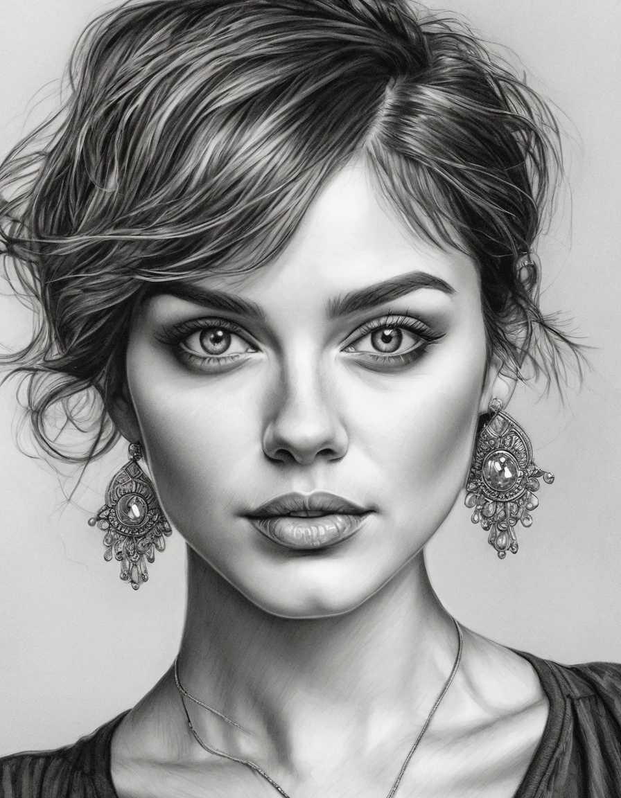 a drawing of a woman with short hair and earrings, detailed beauty portrait, detailed beautiful portrait, realistic pencil drawing, extremely detailed woman, elegant digital painting, detailed woman, detailed illustration portrait, epic portrait illustration, stunning drawing, beautiful drawing style, beautiful beautiful digital art, Bela arte UHD 4K, realistic sketch, elegant drawing, high quality sketch art