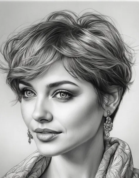 a drawing of a woman with short hair and earrings, detailed beauty portrait, detailed beautiful portrait, realistic pencil drawi...