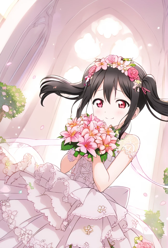 Yazawa Nico　Black Hair　Red Eye　Twin tails　Pink flower hair ornaments on both sides　White Wedding Dress　Pink flower decoration dress　Pink flower bouquet　church　smile　Smaller breasts　Shining　Tears of joy