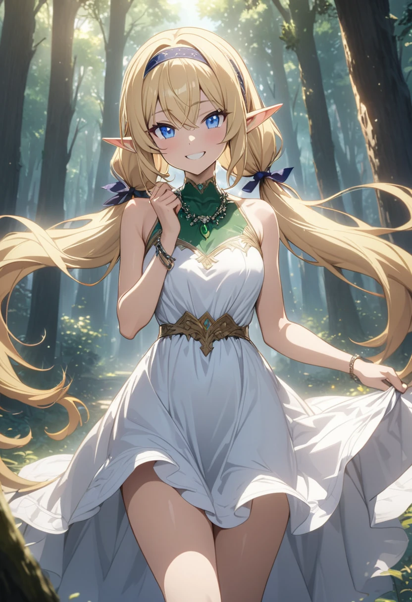 ((blonde hair)), highly detailed face and eyes, (long twintails), jewelry hairband, long pointy ears, anime, masterpiece, textured skin, (super detail), award winning, (best quality), elf, in forest, Sunbeams filtering through the trees, (white dress), whole body, beautiful legs, knife, tsurime, blue eyes, happy, smile, Putting on a ring, green emerald necklace