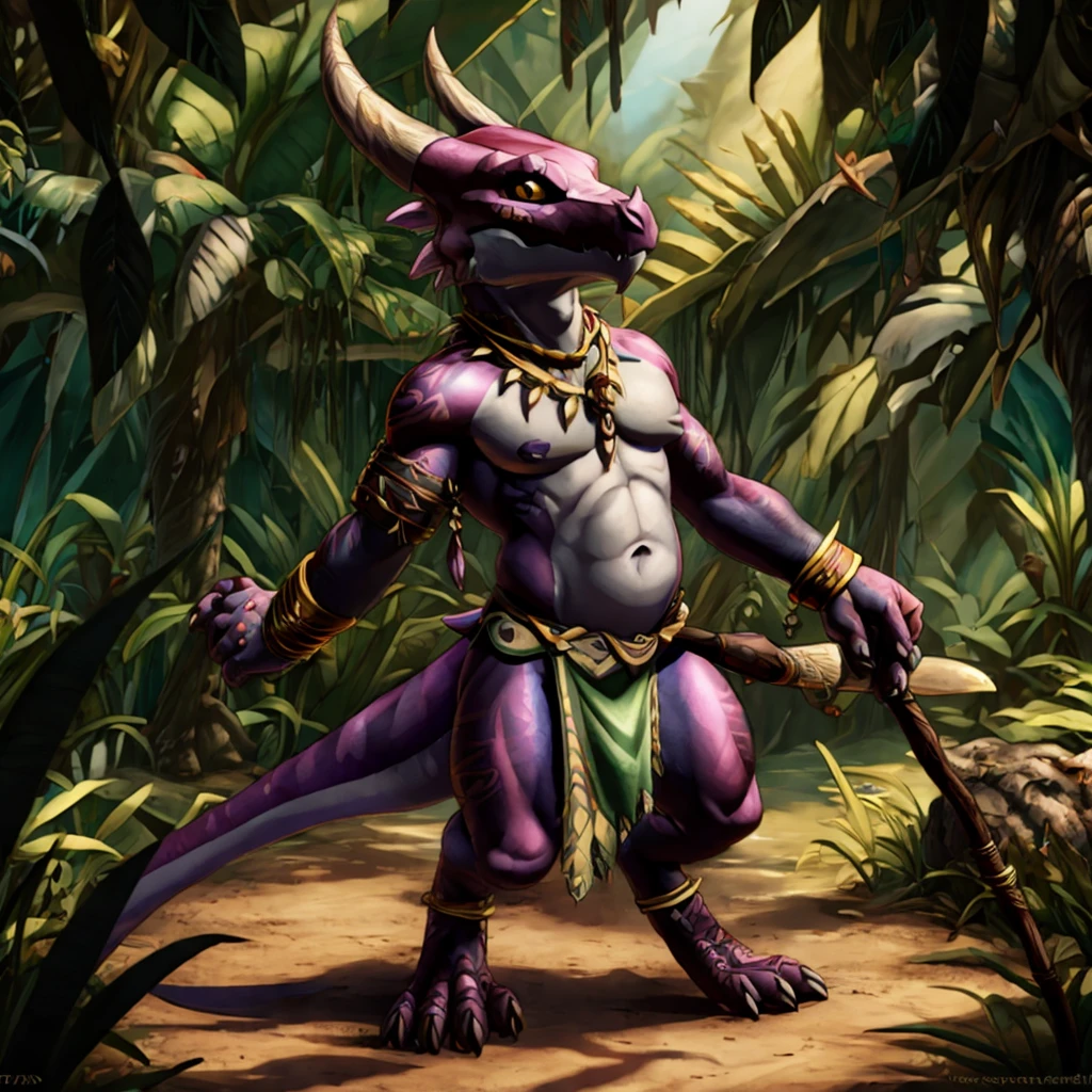 Kobold, scalie, solo, black skin, anthro, male, kobold male, men, flat chested, flat breasts, horns, tribal tattoos, womb tattoo, tail, kobold tail, Tribal clothes, Penetrating gaze, Magic staff with animal skull ornament, cuff gold, neck cuff very thick, in a jungle mangrove, slime loincloth, Warlock Kobold, Crotch bulge,