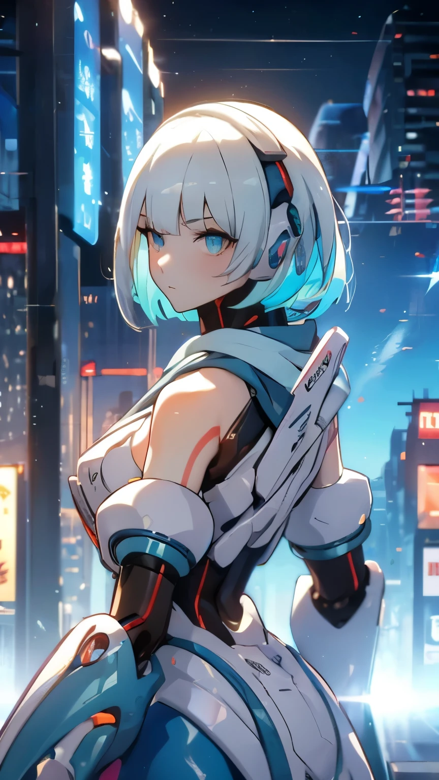 White hair, blunt bangs, bob cut, goggles on head, multicolored eyes, makeup, disgust, backlighting, masterpiece, accurate, super detail, award winning, highres, best quality, 8k, Cyberpunk, the world of science fiction movies, A Martian city in the year 2500, an android woman wearing a mechanic suit, Starry sky, meteor, from back