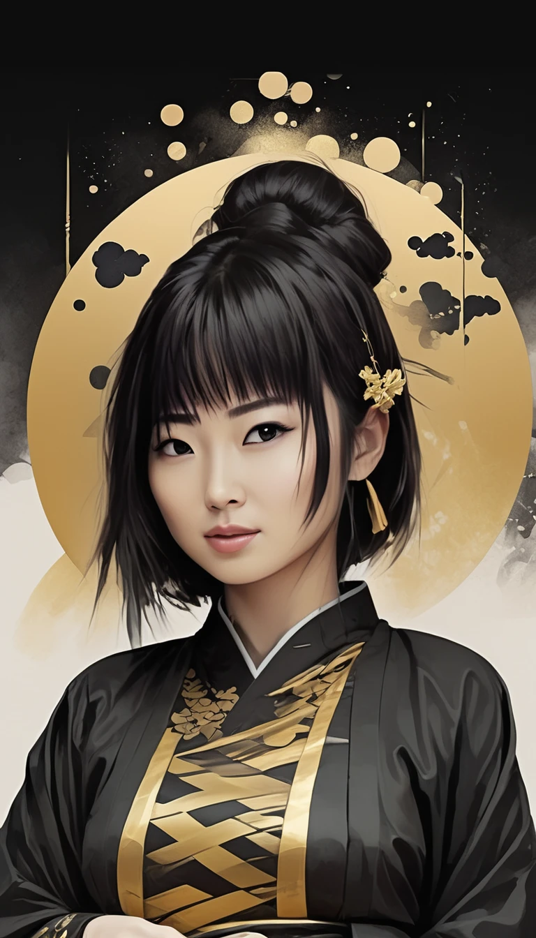 japanese woman, urban Comics style , black and gold flag ornaments,  sci fi, highly technology, iconographic, glitch background, , watercolor, ink, mist, interactive image, highly detailed, art style by Clayton Crain + Ross Tran + Rachel Walpole + Jeszika Le Vye + Dan Volbert + Simon Stalenhag + Brian Stelfreeze