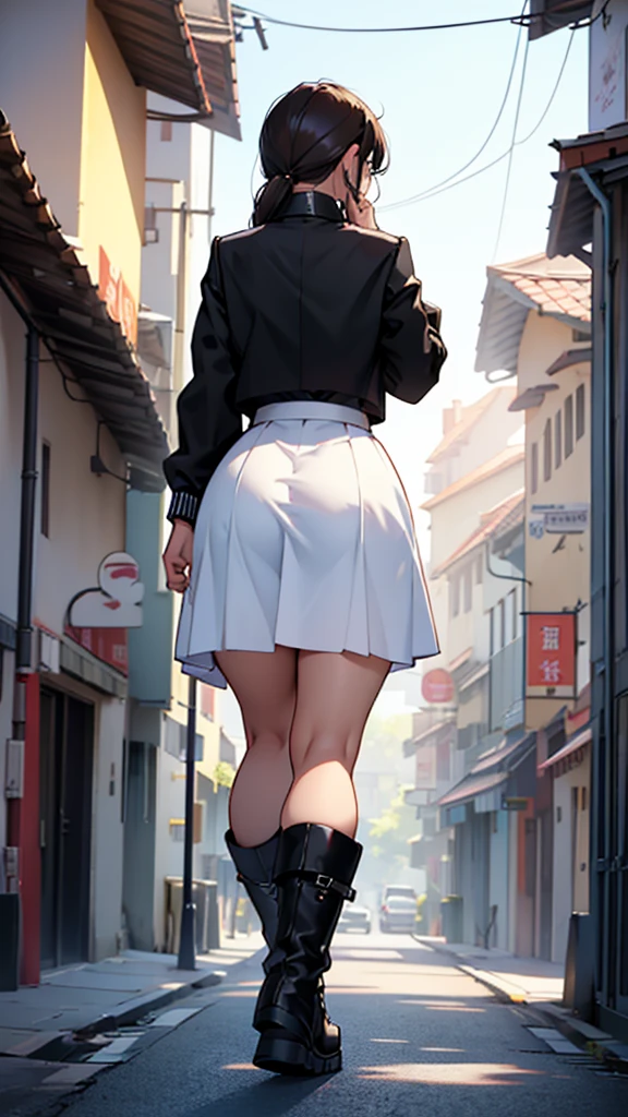 Full body, highest quality、military boots, High-quality 4K,8k,(Woman walking)、Mature women in their 30s、Back view、Black jacket、White collared shirt、White Skirt、Big Ass、Hourglass figure、Make your buttocks stand out、Outdoor、town